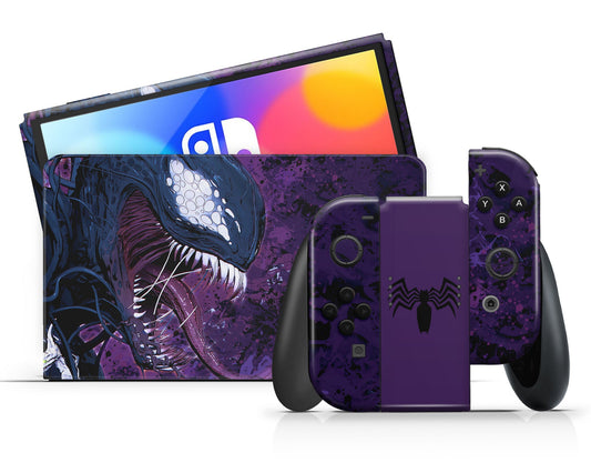 Lux Skins Nintendo Switch OLED Purple Venom Full Set +Tempered Glass Skins - Pop culture Spiderman Skin