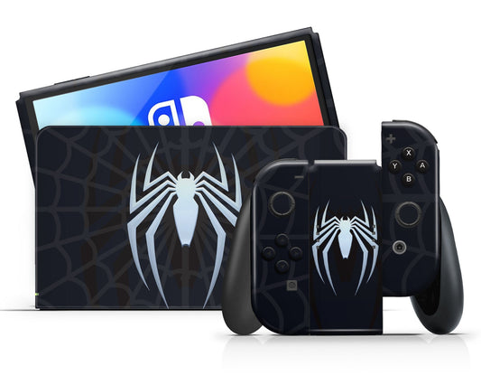 Lux Skins Nintendo Switch OLED Black Spiderman Logo Full Set +Tempered Glass Skins - Pop culture Spiderman Skin