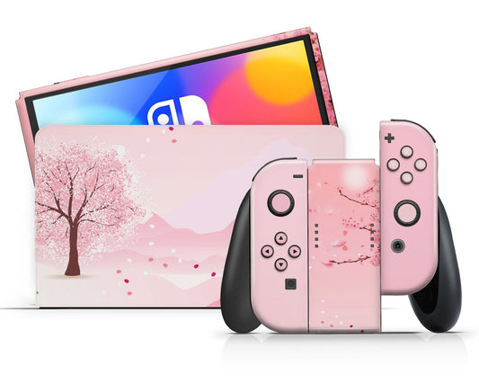 Lux Skins Nintendo Switch OLED Pastel Cherry Blossoms Full Set +Tempered Glass Skins - Art Floral Skin