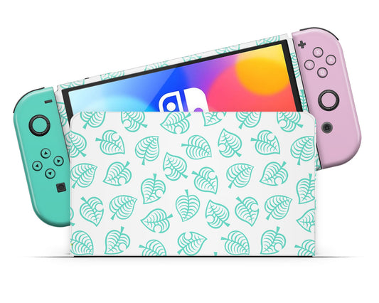 Lux Skins Nintendo Switch OLED Animal Crossing Leaf Teal Pink Full Set Skins - Pop culture Animal Crossing Skin