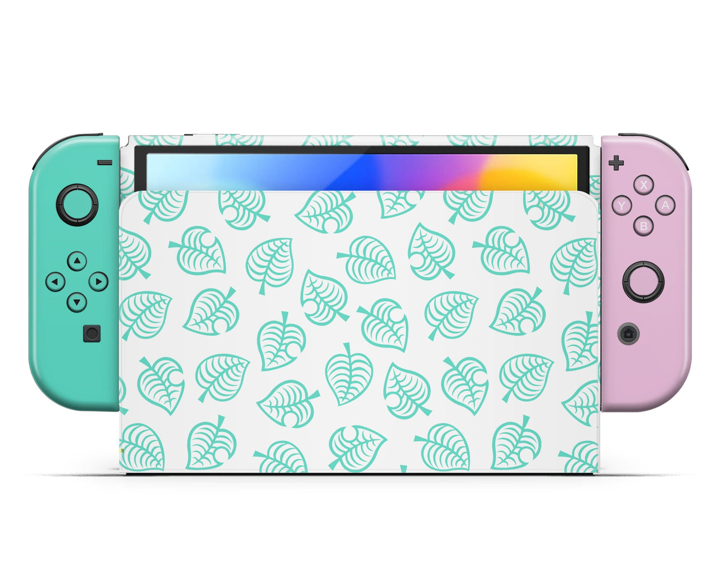 Lux Skins Nintendo Switch OLED Animal Crossing Leaf Teal Pink Joycons Only Skins - Pop culture Animal Crossing Skin
