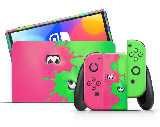 Lux Skins Nintendo Switch OLED Splatoon Pink Green Full Set +Tempered Glass Skins - Pop culture  Skin