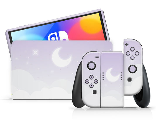Lux Skins Nintendo Switch OLED Lavender Purple Moon Clouds Full Set +Tempered Glass Skins - Art Clouds Skin