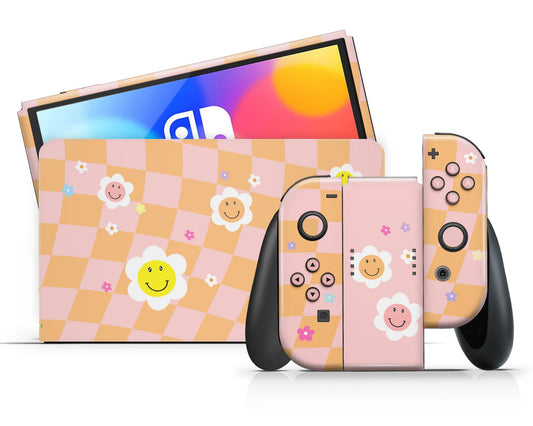 Lux Skins Nintendo Switch OLED Checkered Smiley Floral Classic no logo Skins - Art Floral Skin