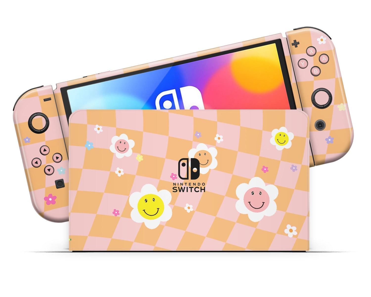 Lux Skins Nintendo Switch OLED Checkered Smiley Floral Nintendo logo Skins - Art Floral Skin