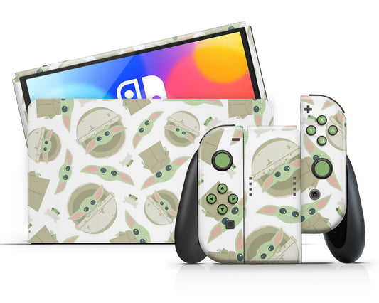 Lux Skins Nintendo Switch OLED Green Baby Yoda Pattern Full Set +Tempered Glass Skins - Pop culture Star Wars Skin