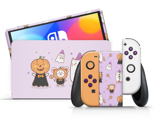 Lux Skins Nintendo Switch OLED Halloween Party Time Full Set +Tempered Glass Skins - Art Cute Skin