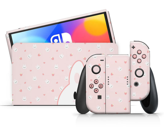 Lux Skins Nintendo Switch OLED Cute Bunny Rabbit Strawberry Face Full Set +Tempered Glass Skins - Art Animals Skin