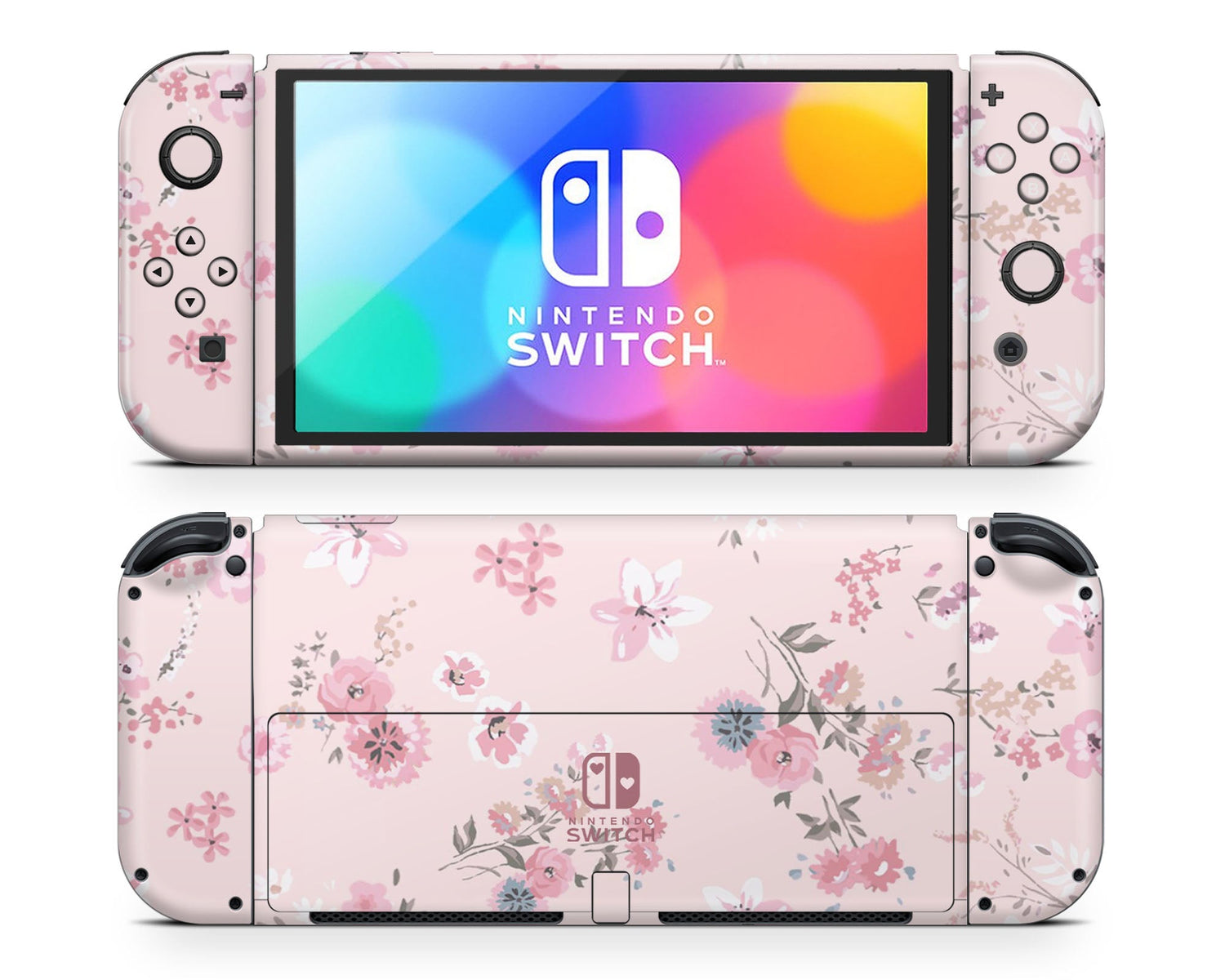 Lux Skins Nintendo Switch OLED Pretty Pink Flowers Hearts logo Skins - Art Floral Skin