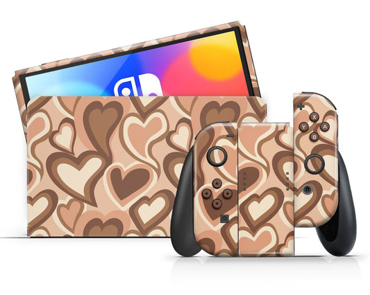 Lux Skins Nintendo Switch OLED Latte Drip Hearts Full Set +Tempered Glass Skins - Pattern Abstract Skin