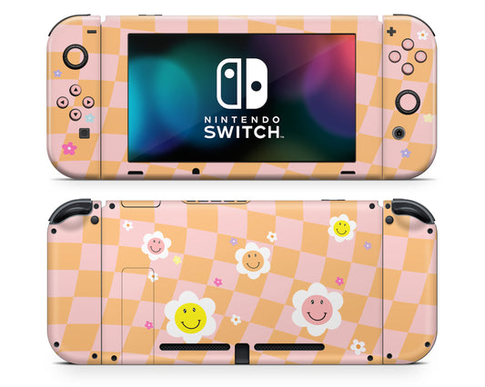 Checkered Smiley Floral Nintendo Switch Skin