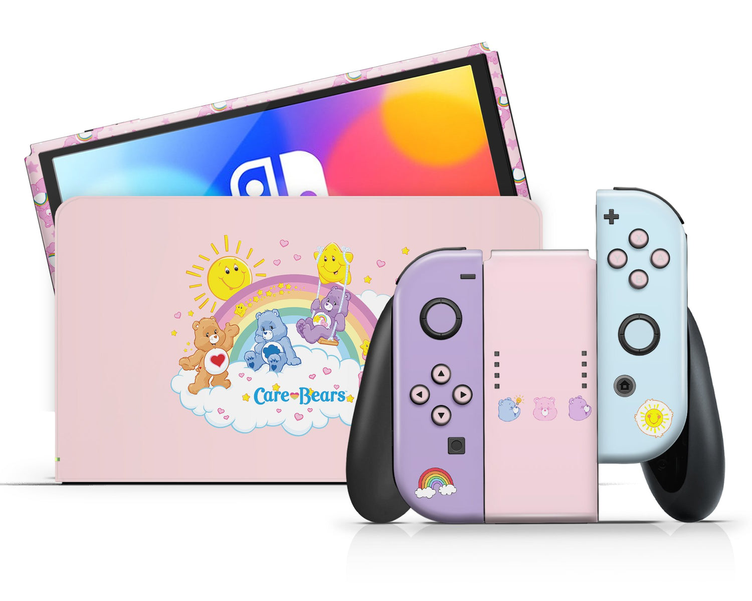 Lux Skins Nintendo Switch OLED Care Bears Rainbow Pink Full Set Skins - Pop culture Care Bears Skin