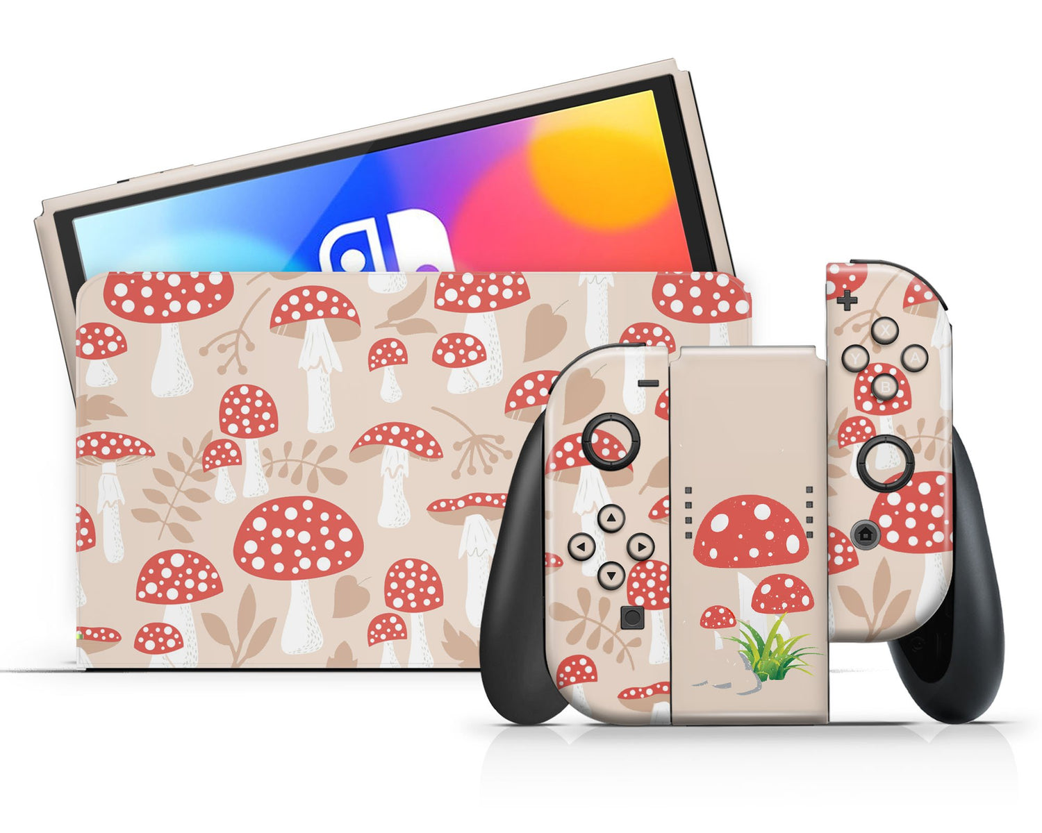 Lux Skins Nintendo Switch OLED Toadstool Mushroom Farm Full Set Skins - Art Artwork Skin
