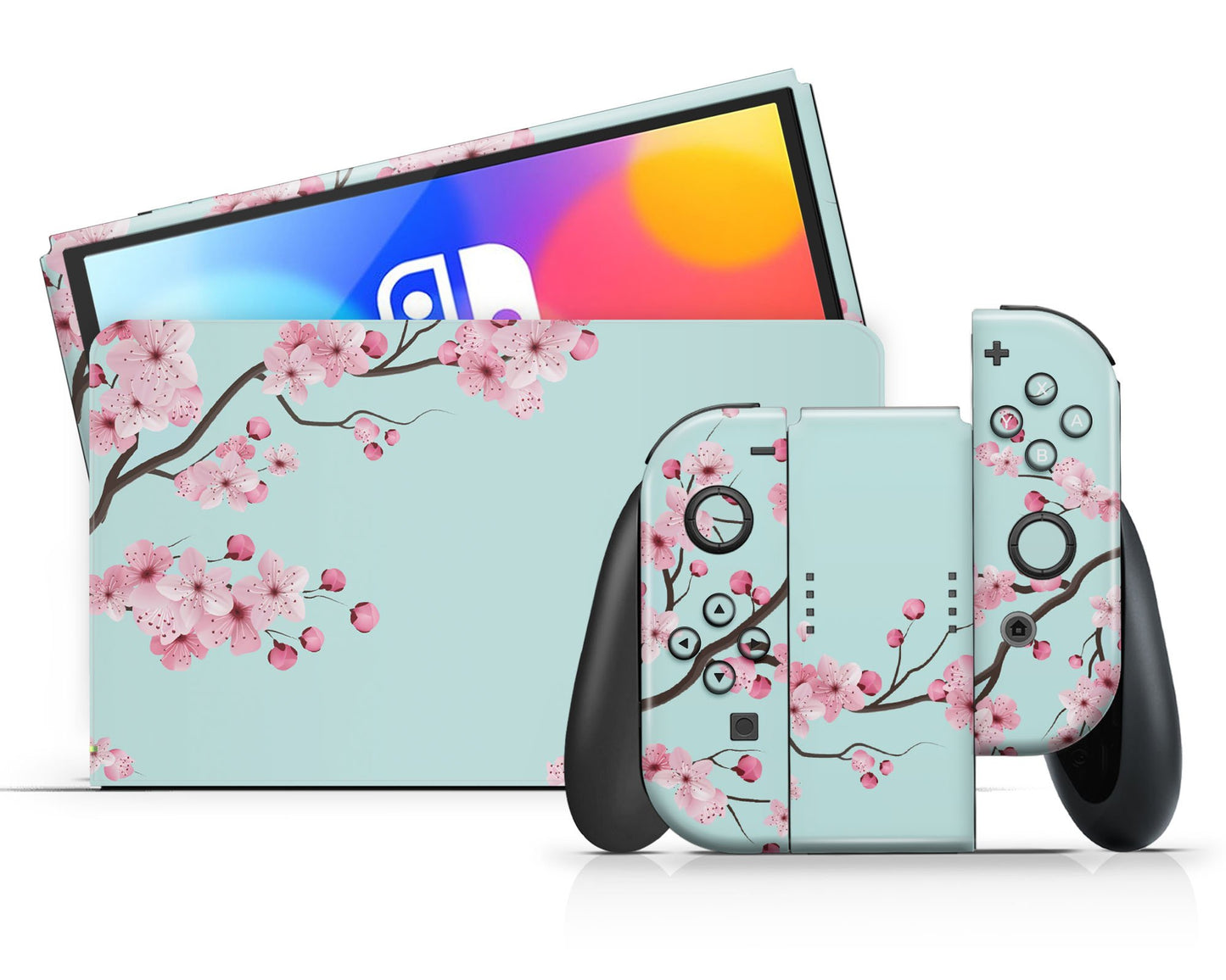 Lux Skins Nintendo Switch OLED Cherry Blossom Teal Mint Classic no logo Skins - Art Floral Skin