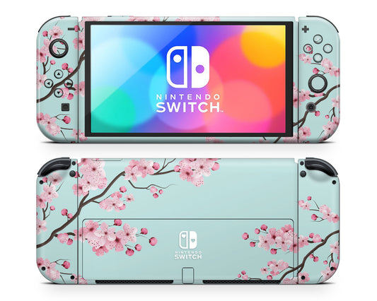 Cherry Blossom Teal Mint Nintendo Switch OLED Skin
