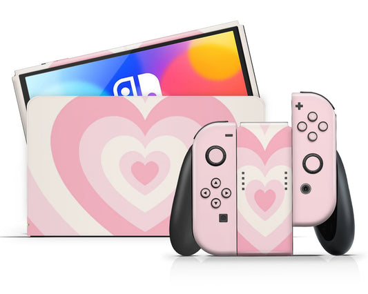 Lux Skins Nintendo Switch OLED Pastel Pink Retro Hearts Full Set Skins - Art Solid Colours Skin