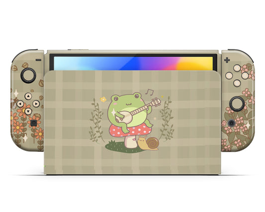 Lux Skins Nintendo Switch OLED Green Frog Mushroom Cottagecore Full Set +Tempered Glass Skins - Art Animals Skin