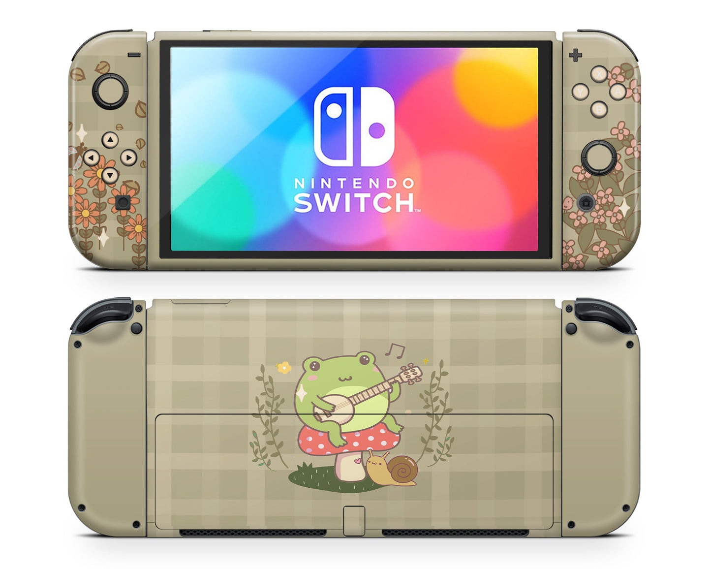 Lux Skins Nintendo Switch OLED Green Frog Mushroom Cottagecore Full Set Skins - Art Animals Skin