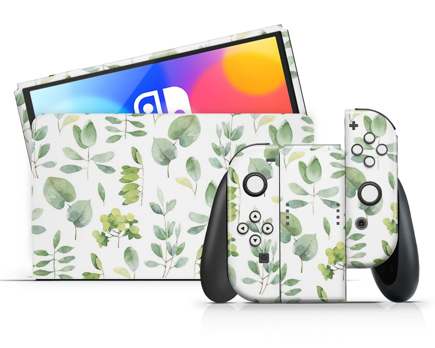 Lux Skins Nintendo Switch OLED Watercolor Green Leaf Pattern Full Set Skins - Art Artwork Skin