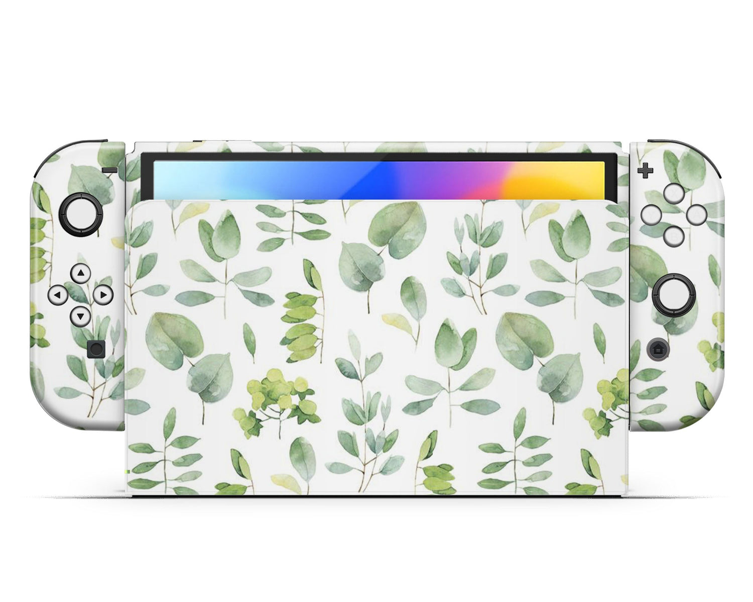 Lux Skins Nintendo Switch OLED Watercolor Green Leaf Pattern Full Set +Tempered Glass Skins - Art Artwork Skin