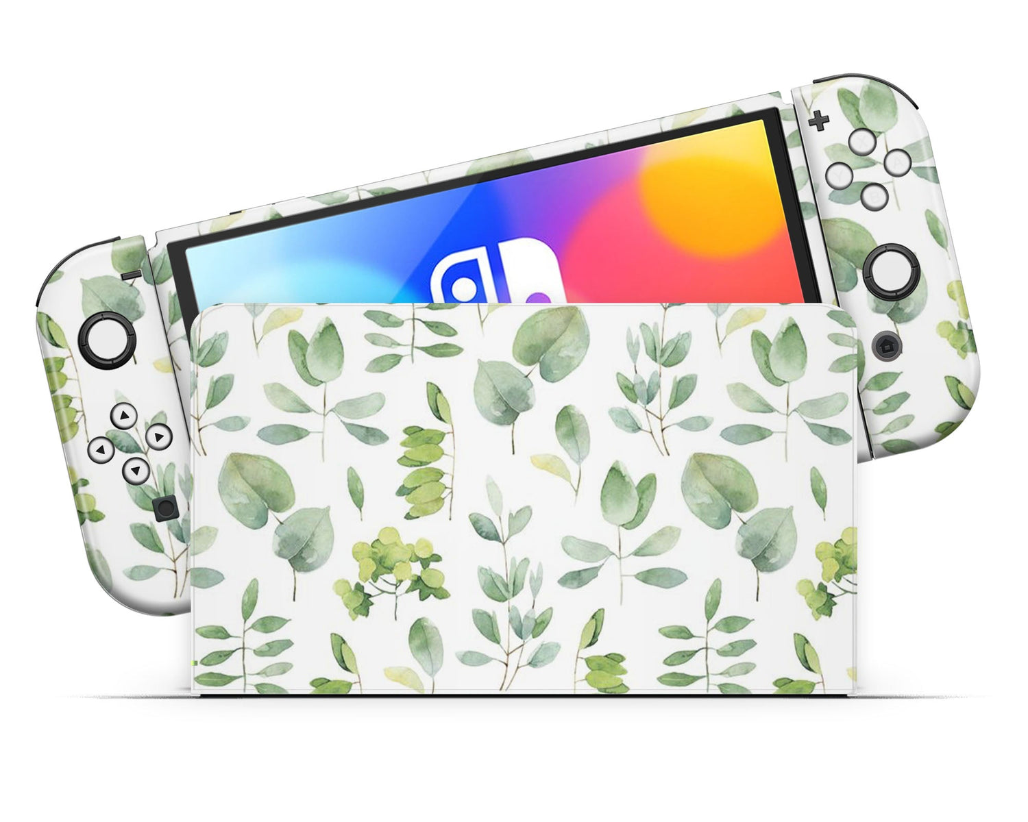 Lux Skins Nintendo Switch OLED Watercolor Green Leaf Pattern Full Set Skins - Art Artwork Skin
