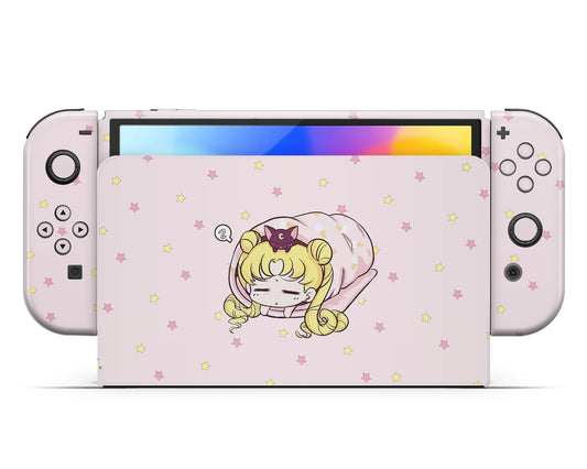 Lux Skins Nintendo Switch OLED Sleeping Sailor Moon Pastel Pink Full Set +Tempered Glass Skins - Pop culture Sailor Moon Skin
