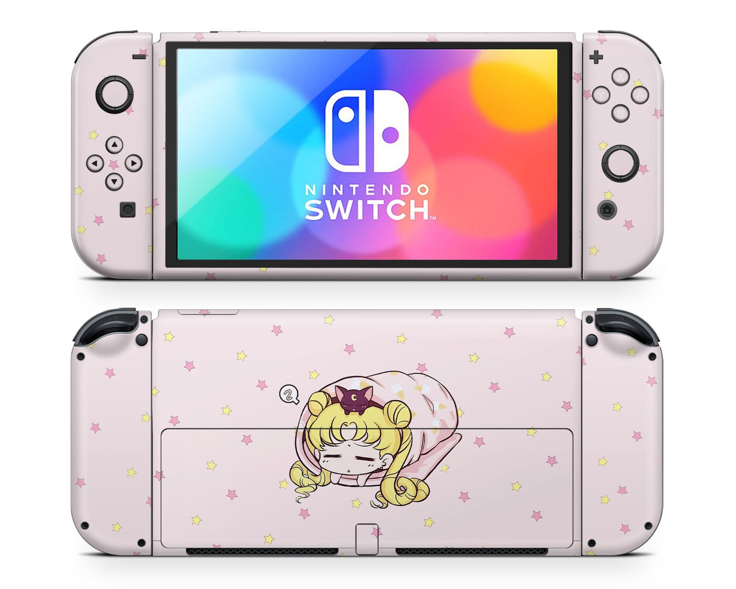 Lux Skins Nintendo Switch OLED Sleeping Sailor Moon Pastel Pink Full Set Skins - Pop culture Sailor Moon Skin