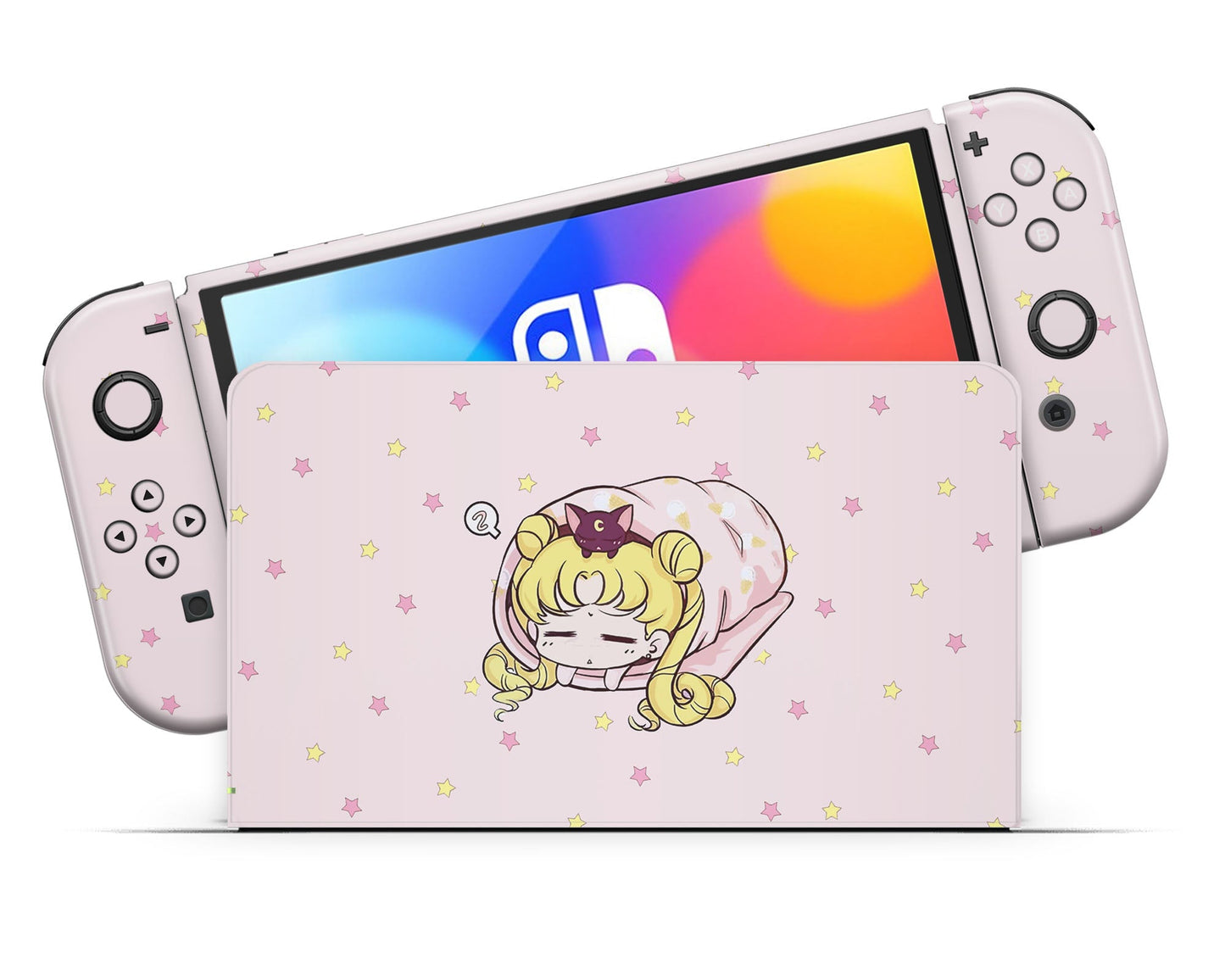 Lux Skins Nintendo Switch OLED Sleeping Sailor Moon Pastel Pink Full Set Skins - Pop culture Sailor Moon Skin