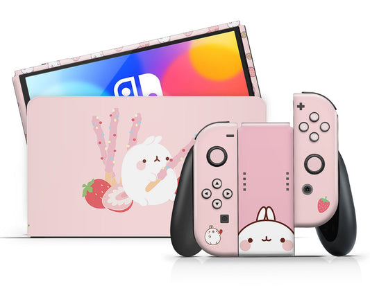 Lux Skins Nintendo Switch OLED Pink Pastel Molang Bunny Rabbit Full Set Skins - Pop culture Molang Skin