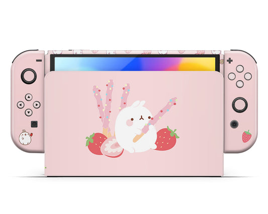 Lux Skins Nintendo Switch OLED Pink Pastel Molang Bunny Rabbit Full Set +Tempered Glass Skins - Pop culture Molang Skin