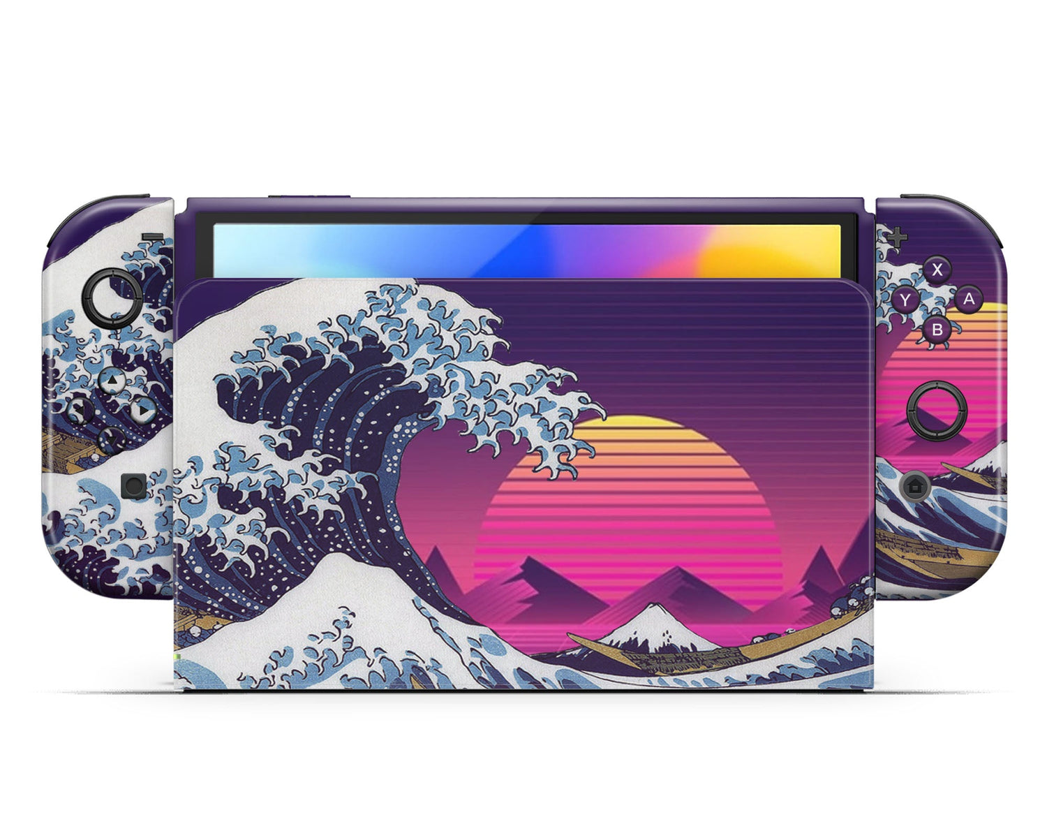 Lux Skins Nintendo Switch OLED Great Wave off Kanagawa Pink Retrowave Full Set +Tempered Glass Skins - Art Artwork Skin