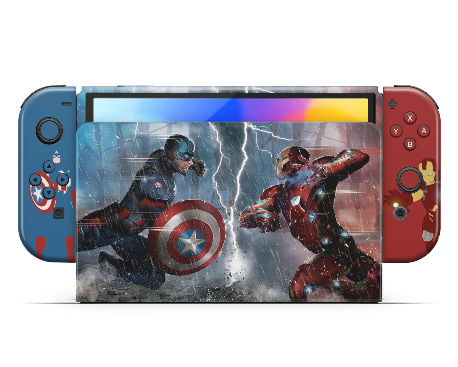 Lux Skins Nintendo Switch OLED Captain America vs Iron Man Full Set +Tempered Glass Skins - Pop culture Comics Skin