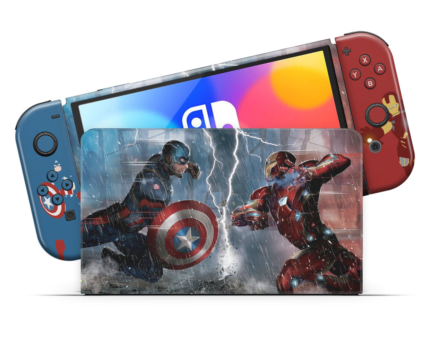 Lux Skins Nintendo Switch OLED Captain America vs Iron Man Full Set Skins - Pop culture Comics Skin