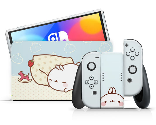 Lux Skins Nintendo Switch OLED Blue Pastel Molang Bunny Rabbit Full Set Skins - Pop culture Molang Skin
