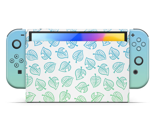 Lux Skins Nintendo Switch OLED Animal Crossing Green Blue Leaf Gradient Ombre Full Set +Tempered Glass Skins - Pop culture Animal Crossing Skin