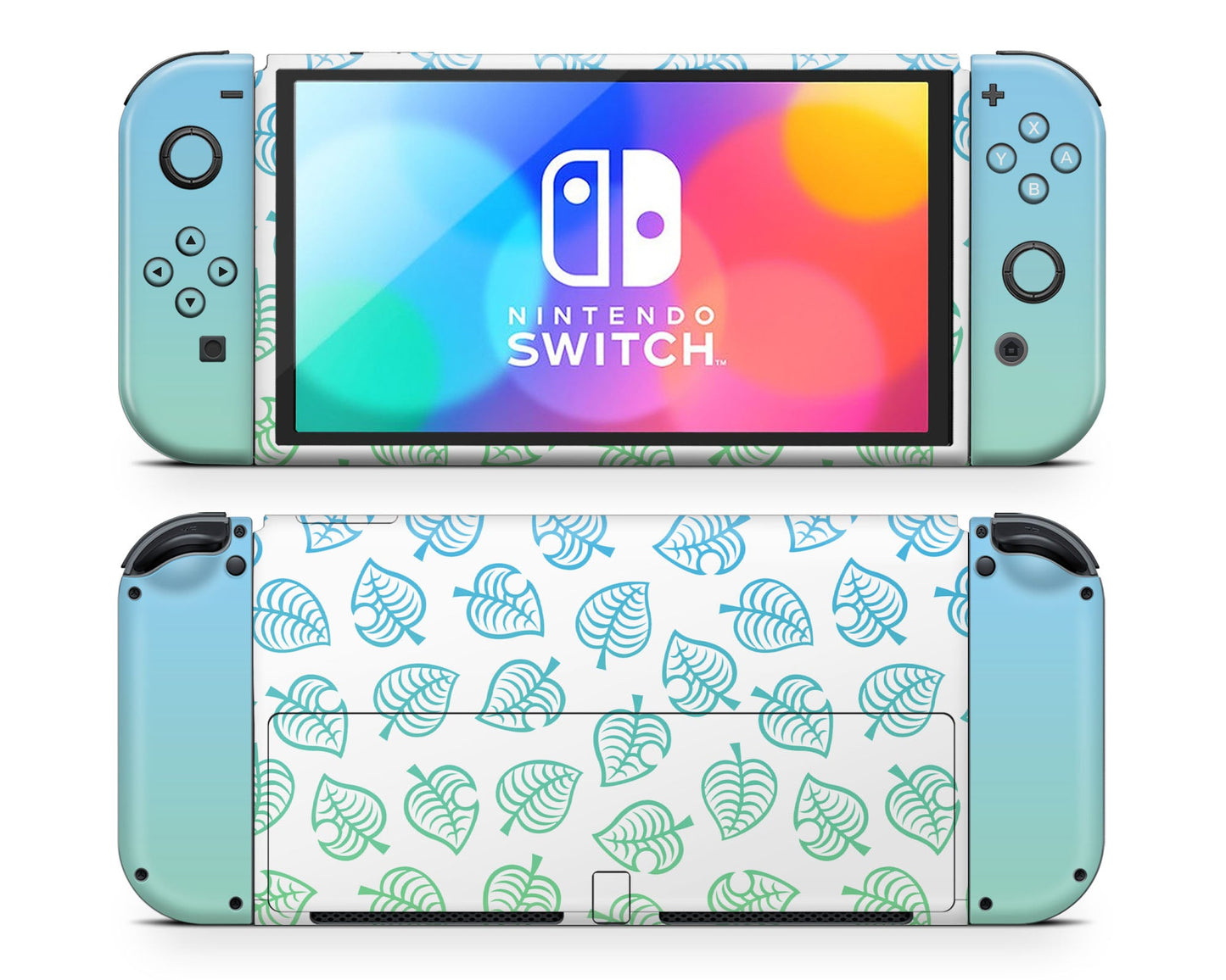 Lux Skins Nintendo Switch OLED Animal Crossing Green Blue Leaf Gradient Ombre Full Set Skins - Pop culture Animal Crossing Skin