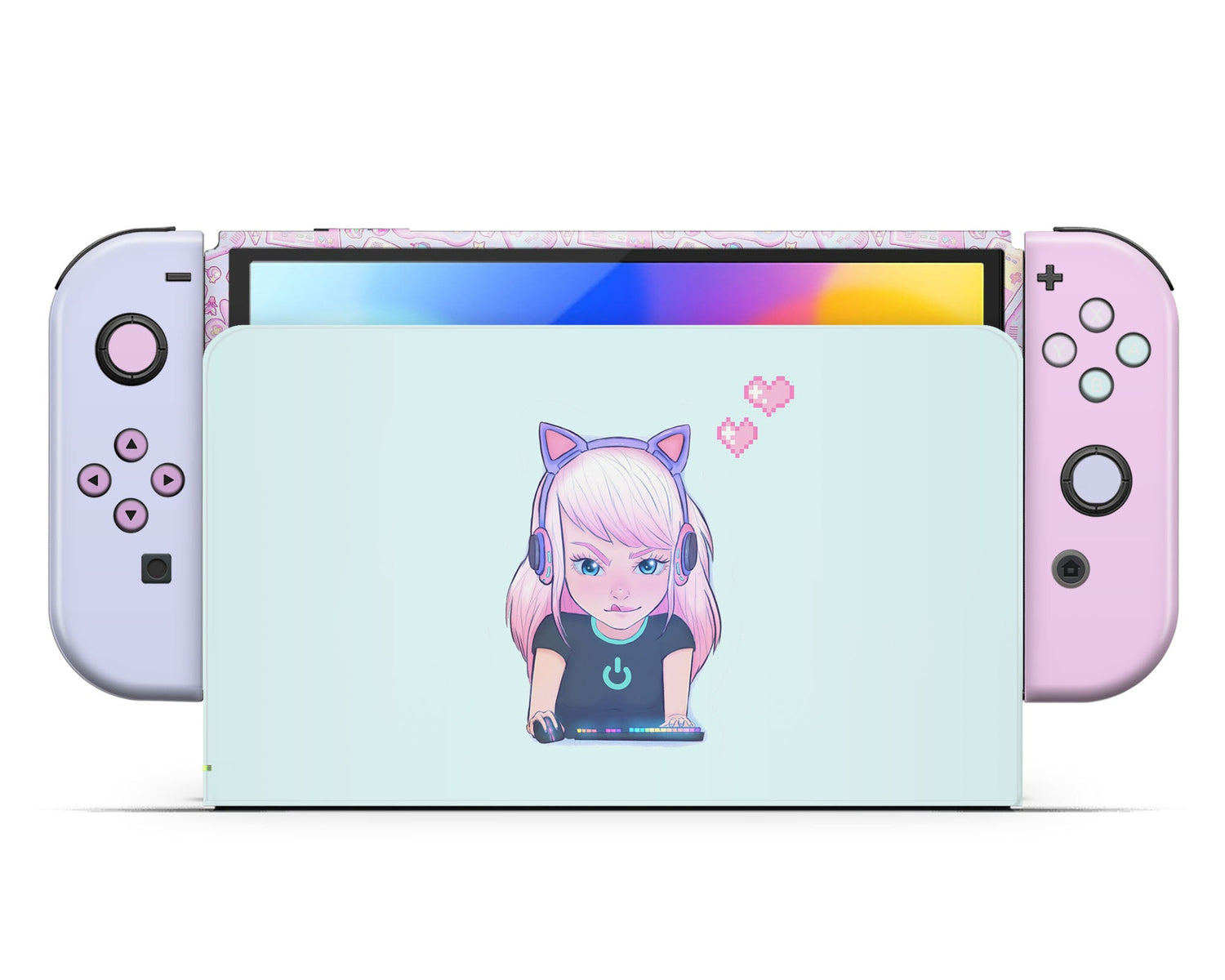 Lux Skins Nintendo Switch OLED Gamer Girl Mint Pastels Full Set +Tempered Glass Skins - Art Cute Skin