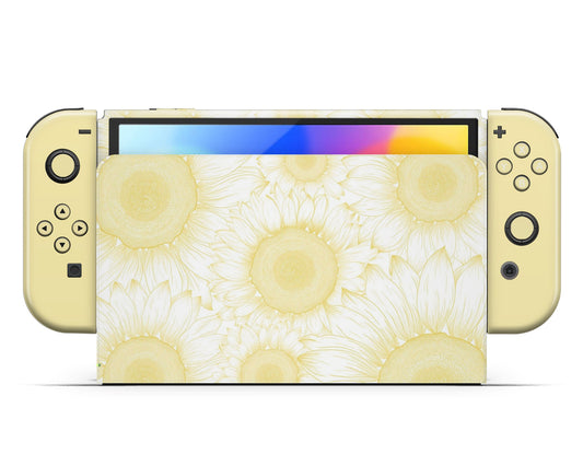 Lux Skins Nintendo Switch OLED Pale Yellow Sunflower Full Set +Tempered Glass Skins - Art Floral Skin