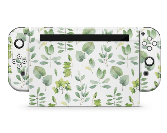 Lux Skins Nintendo Switch Watercolor Green Leaf Pattern Full Set Skins - Art Artwork Skin
