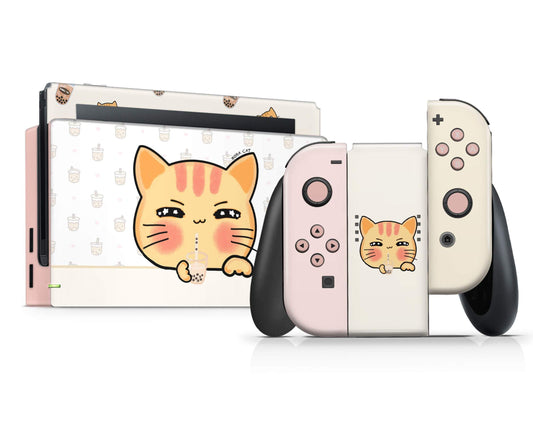 Lux Skins Nintendo Switch Boba Cat Bubble Tea Beige Neutral Pink Full Set Skins - Art Animals Skin
