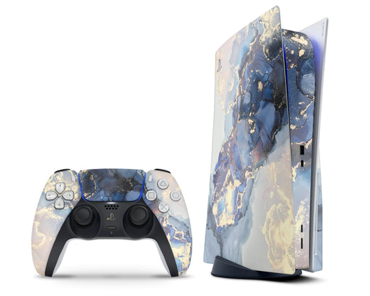 Lux Skins PS5 Ethereal Blue Gold Marble PS5 Skins - Pattern Marble Skin