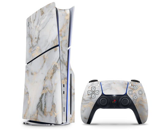 Lux Skins PS5 Slim Ethereal White Gold Marble PS5 Slim Skins - Pattern Marble Skin